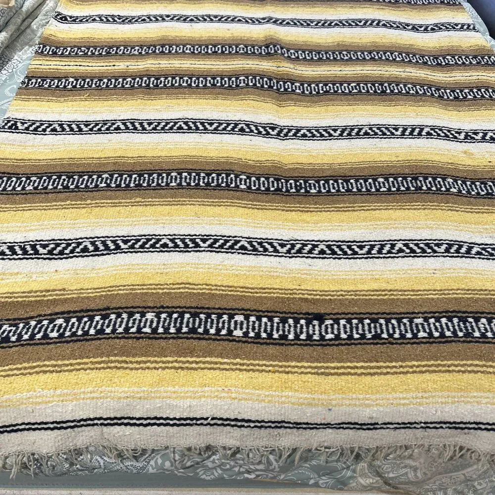 Traditional FALSA Mexican Hand Woven Sarape Throw Yellow, Black, Beige 53” X 86”